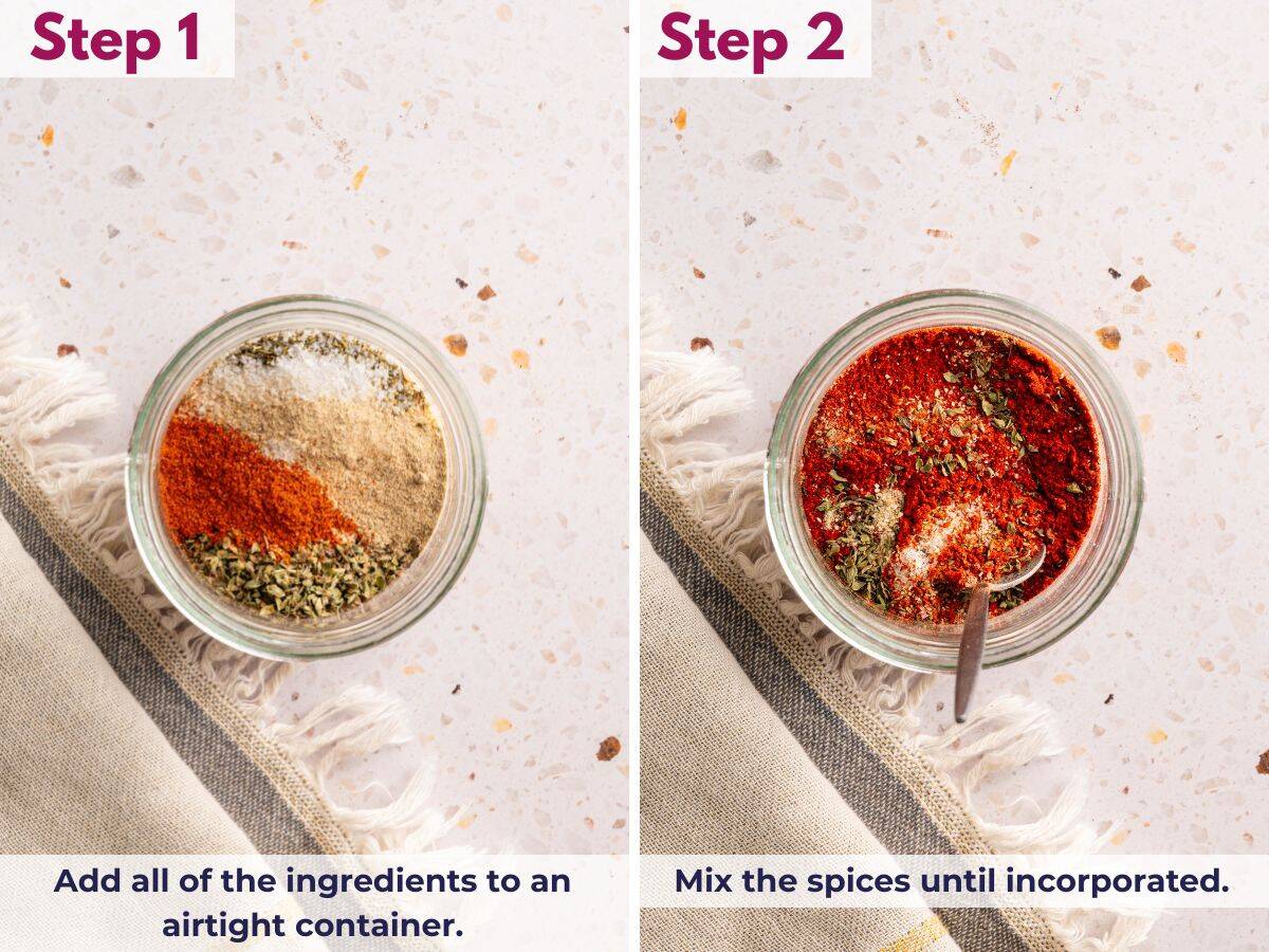 Spices being added to an airtight container and mixed together until fully combined into a Creole seasoning blend