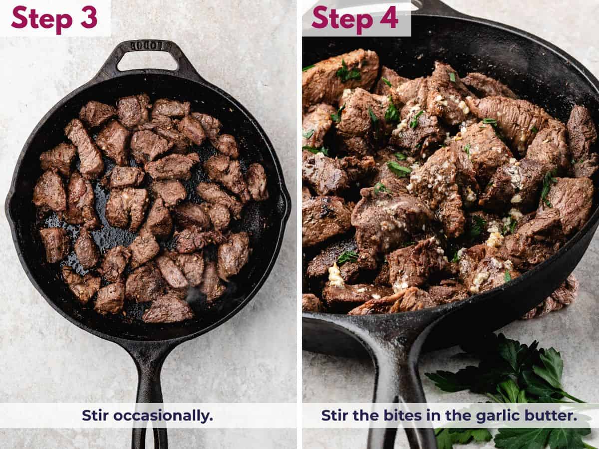 Steak bites being stirred occasionally in a skillet, then coated with garlic butter in the final minutes of cooking