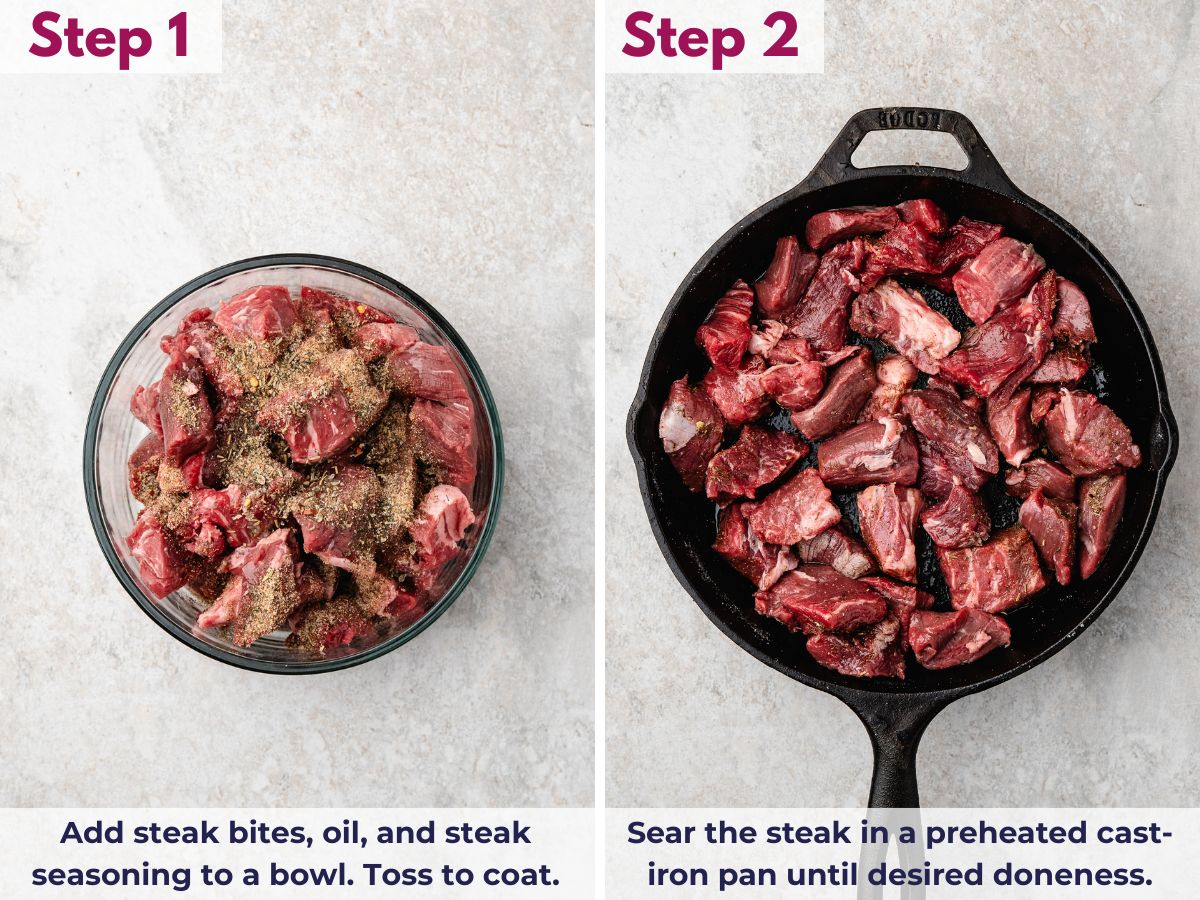 Steak cut into bite-sized cubes, tossed with oil and steak seasoning, ready to cook in a preheated cast-iron skillet