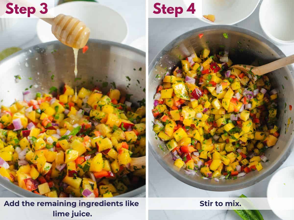Adding lime juice and salt to the chopped mango, peaches, vegetables, and cilantro, then stirring to make fresh mango peach salsa
