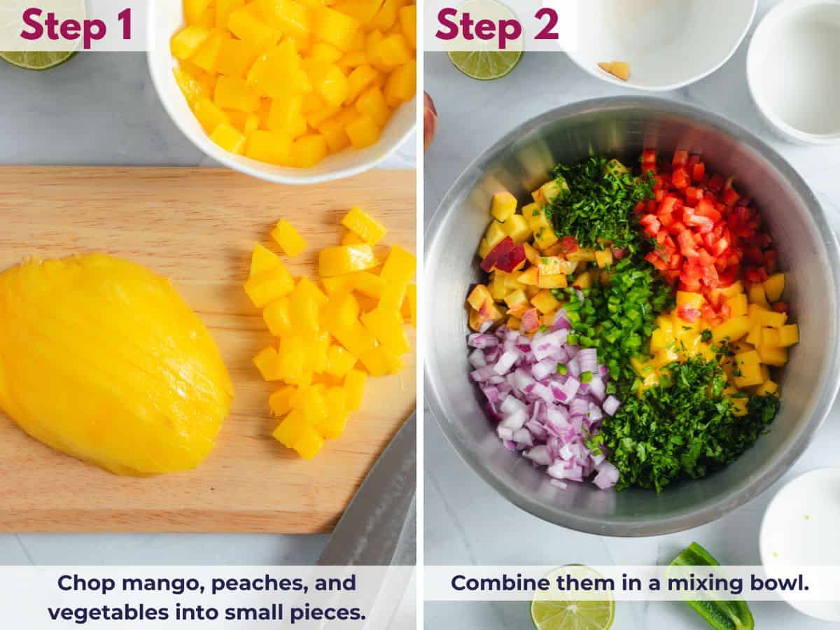 Chopped mango, peaches, red bell pepper, jalape&ntilde;o, red onion, and cilantro combined in a bowl