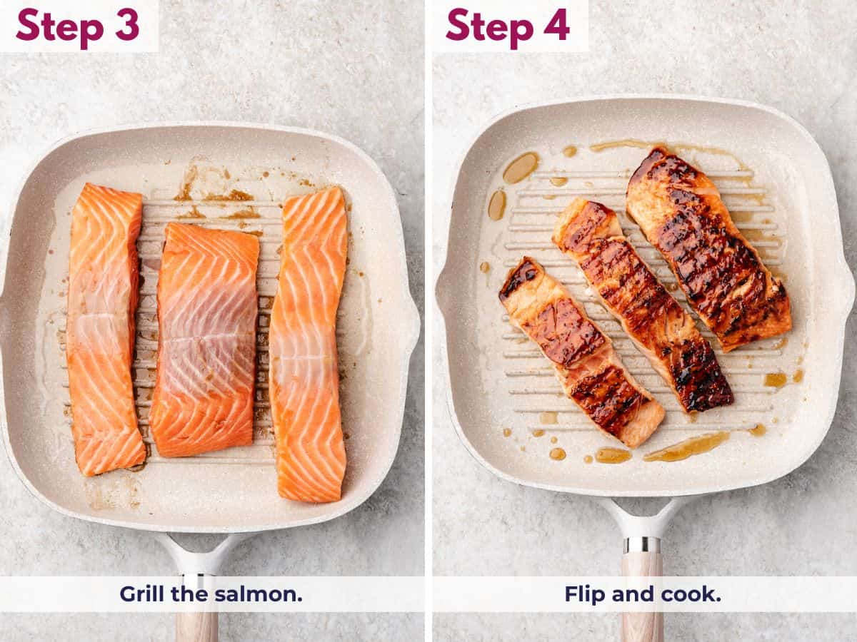 Salmon fillets grilling skin-side down, caramelizing the miso glaze until golden and slightly charred, then flipped to cook through