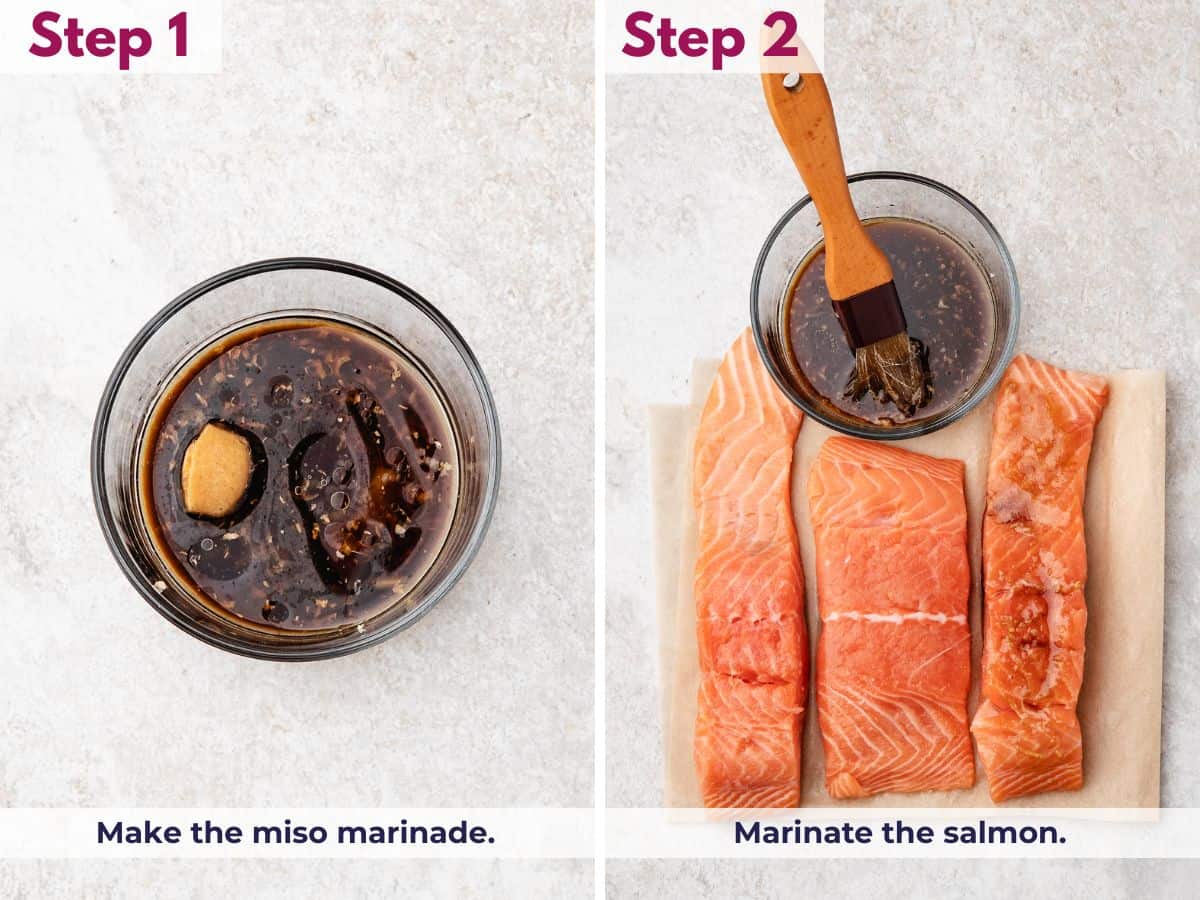 Salmon fillets being brushed with a smooth miso marinade made of miso paste, tamari, maple syrup, rice vinegar, ginger, garlic, and sesame oil