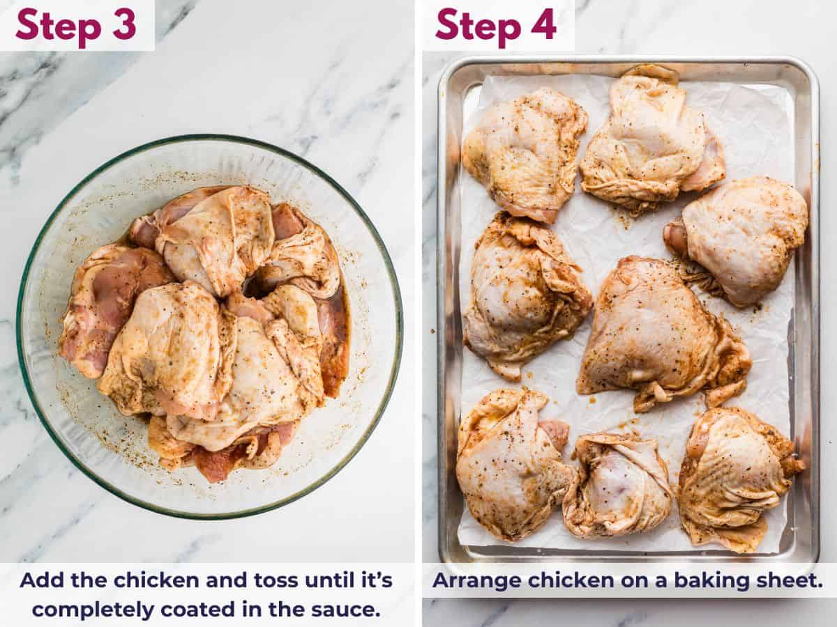 adding the chicken to the marinade and them placing the marinated chicken thighs on to a baking sheet
