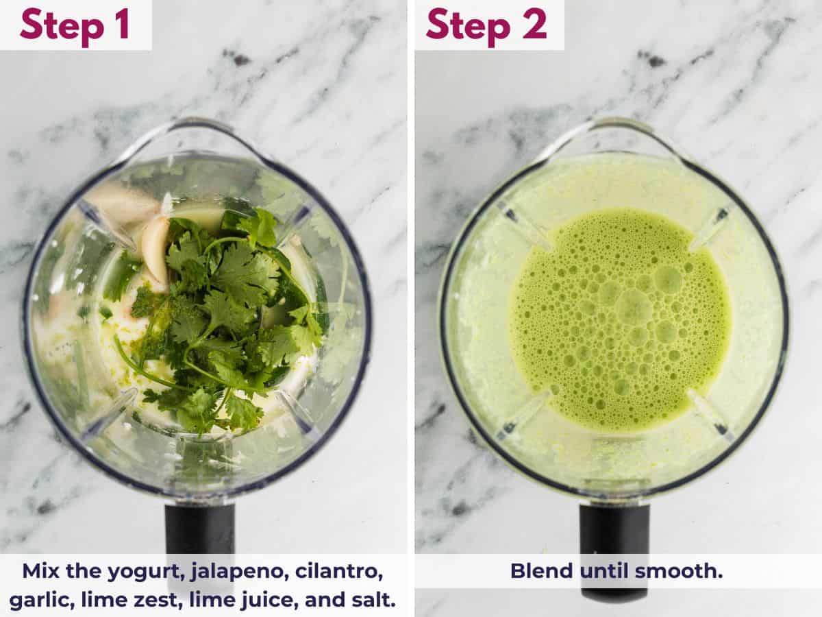 Ingredients including yogurt, jalapeño, cilantro, garlic, lime zest, lime juice, and salt blended until smooth to make creamy Peruvian green sauce