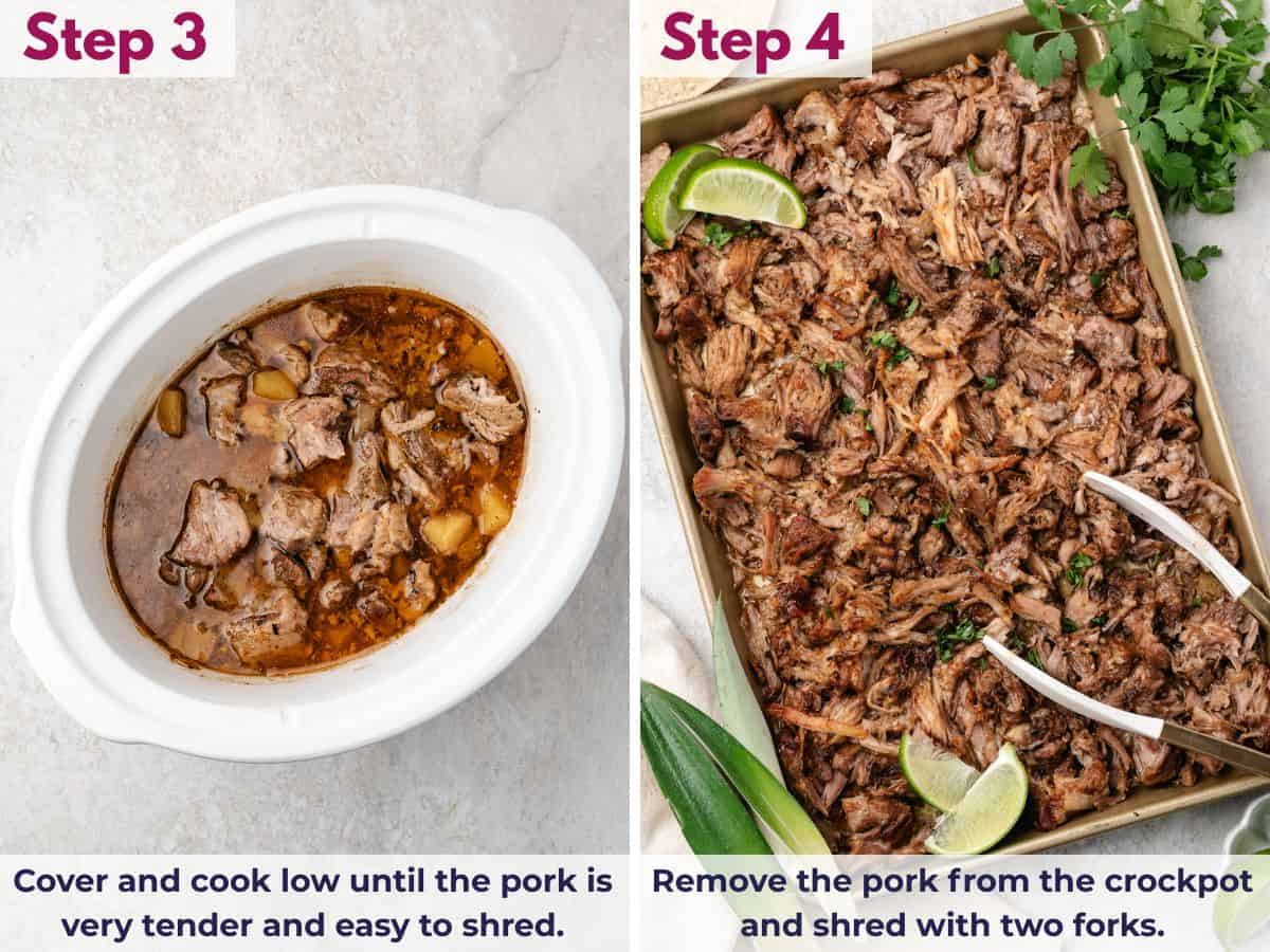 Slow-cooked pork removed from the crockpot and shredded with two forks until tender and juicy