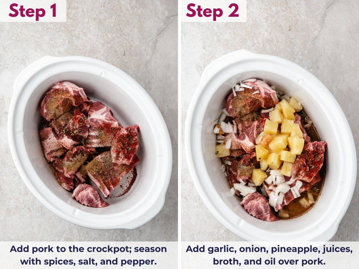 Raw pork added to a crockpot, seasoned and topped with garlic, pineapple, citrus juices, broth, and oil, ready for slow cooking