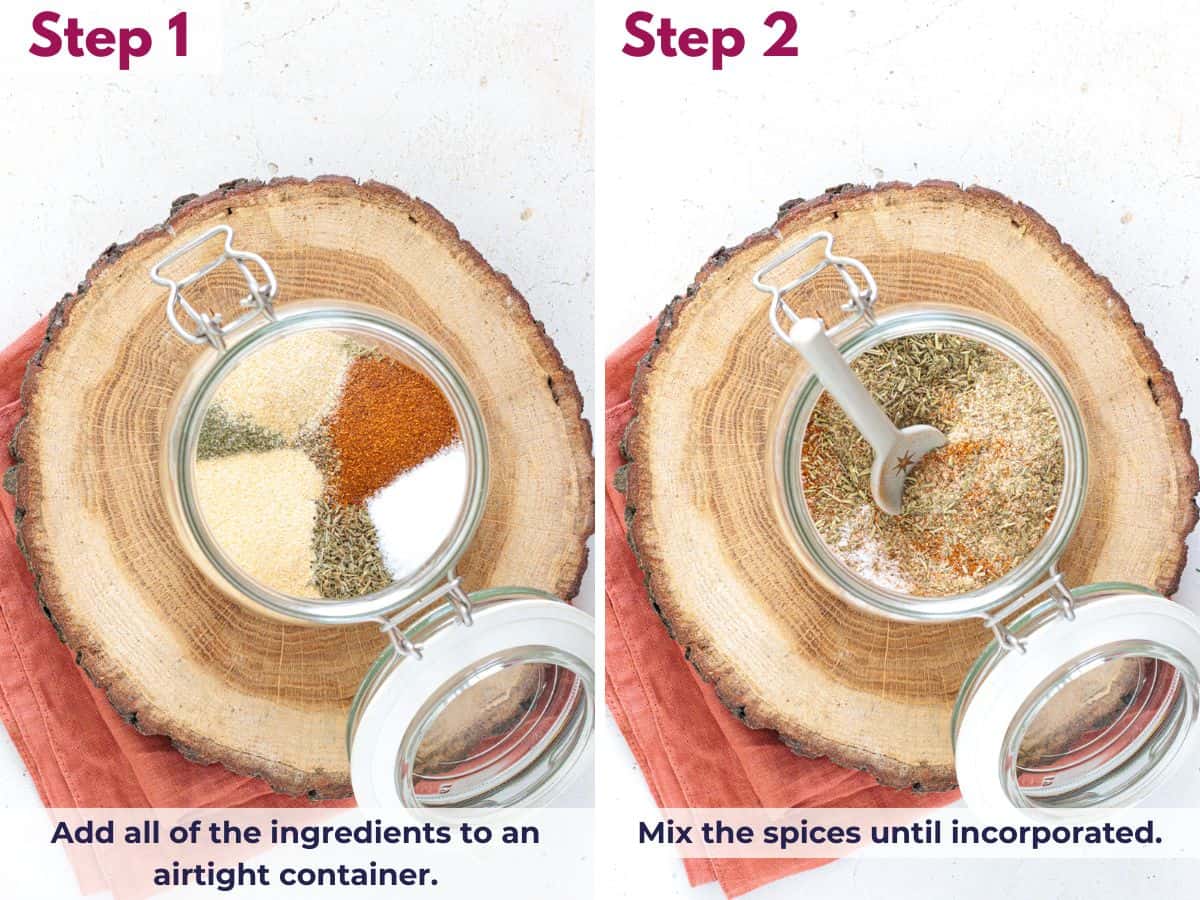 Poultry seasoning ingredients added to an airtight container and mixed until evenly combined