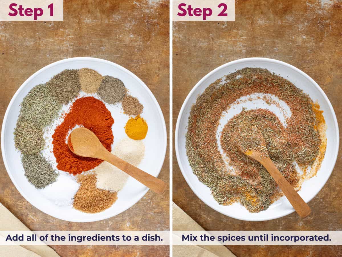 Mixing paprika, garlic, herbs, and spices in a dish to make homemade rotisserie chicken seasoning.