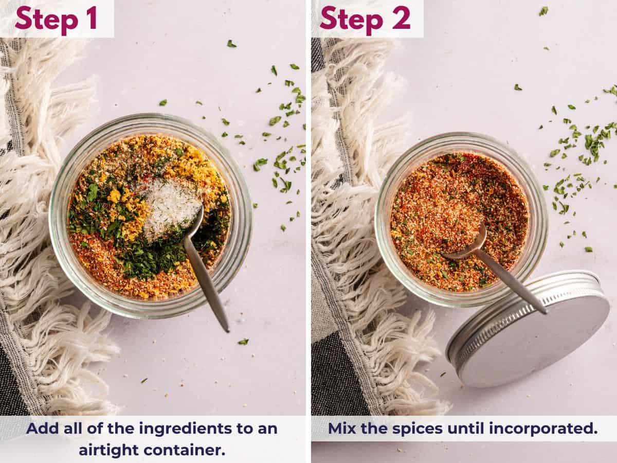 Spices added to an airtight container and mixed together into a uniform salmon seasoning blend