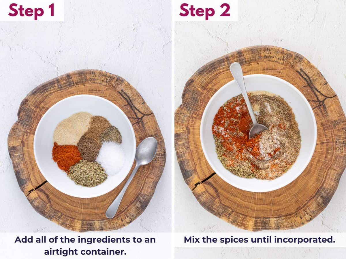 Mixing annatto, garlic, cumin, and oregano together in a dish to make homemade sazon seasoning.