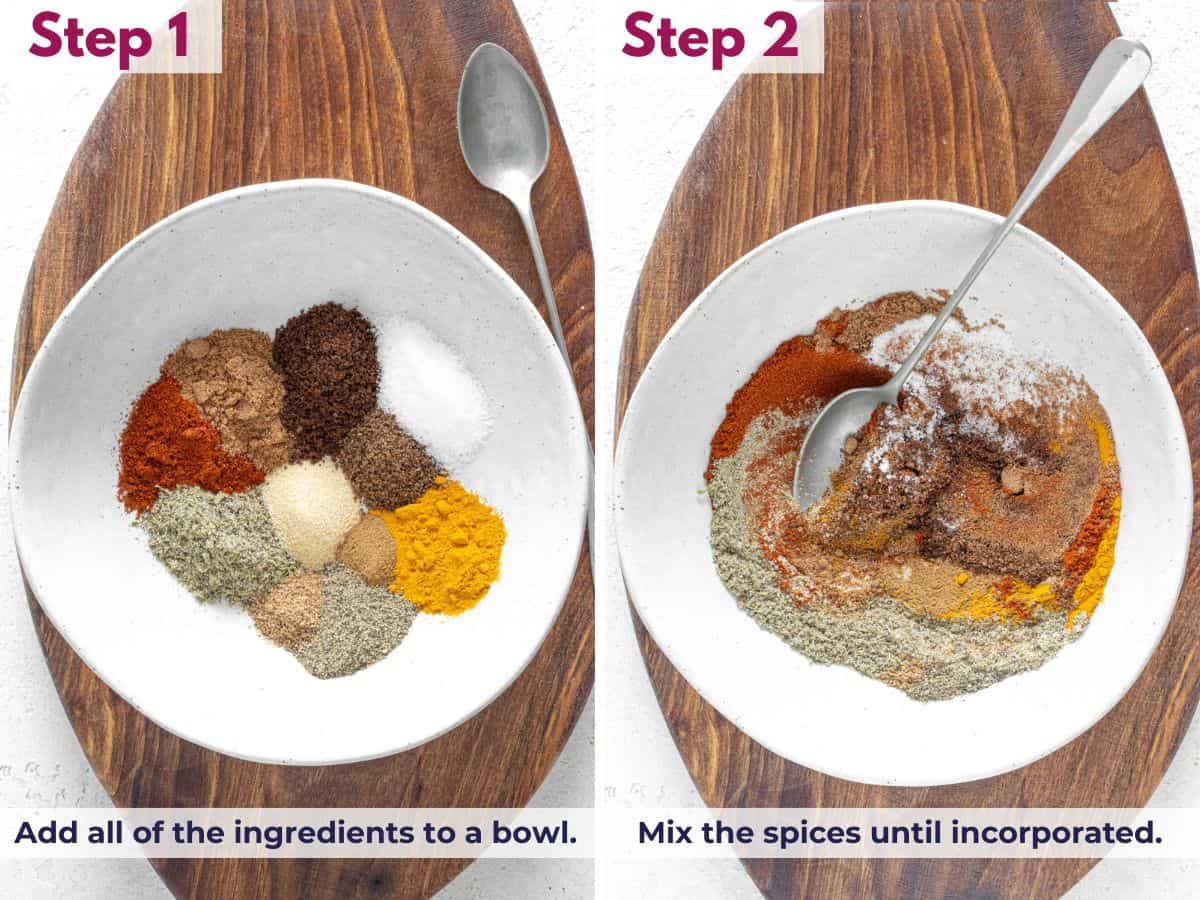 Mixing cumin, paprika, garlic, and cardamom together in a dish to make homemade shawarma seasoning.