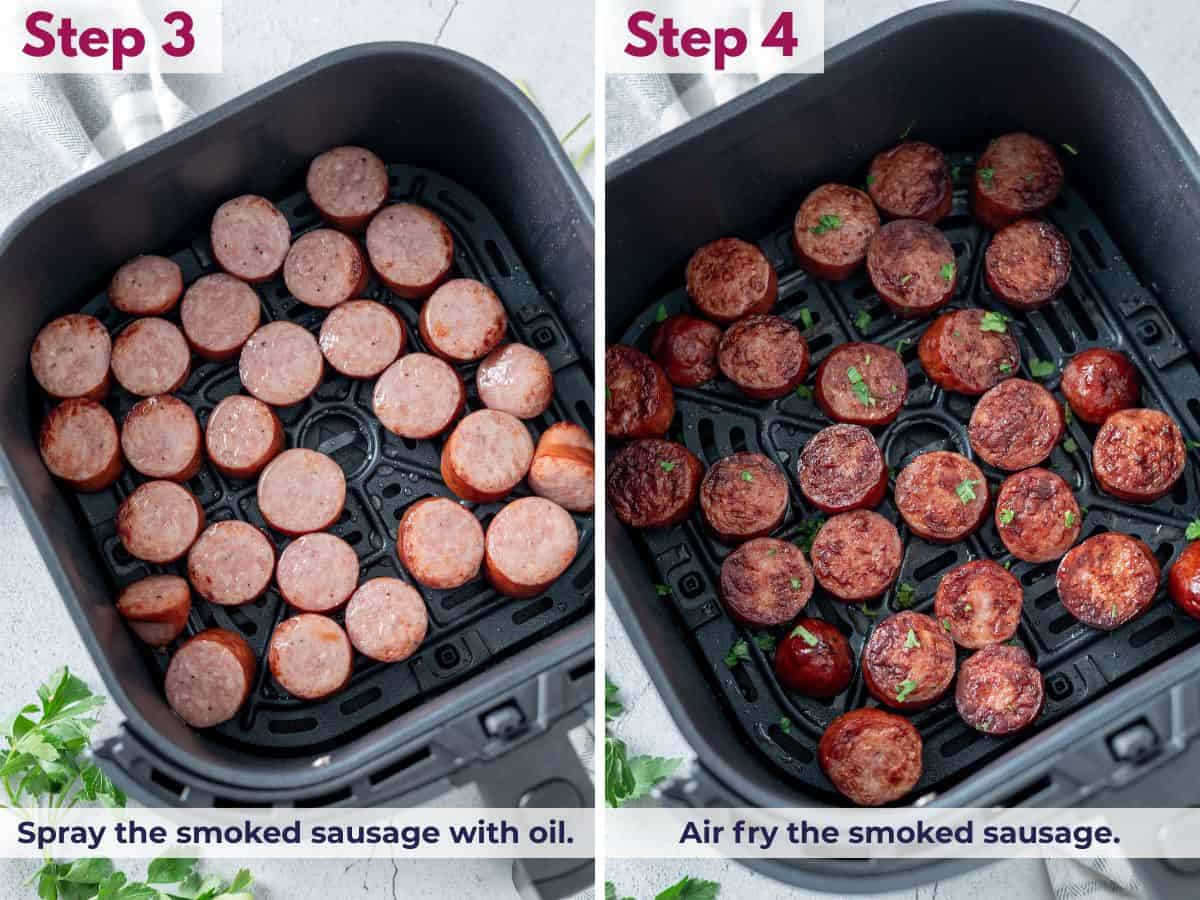 Smoked sausage lightly sprayed with oil and air fried until browned and heated through