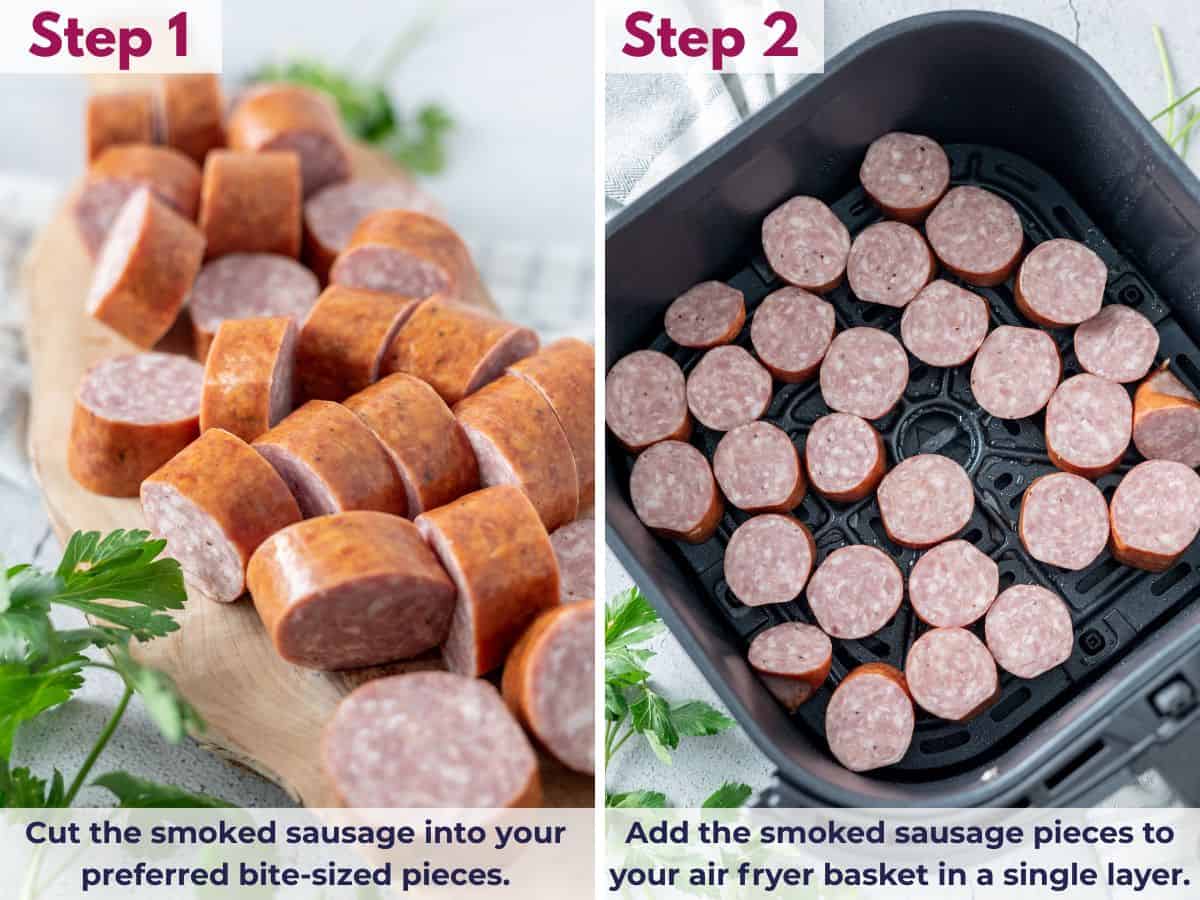 Smoked sausage cut into bite-sized pieces and arranged in a single layer in the air fryer basket