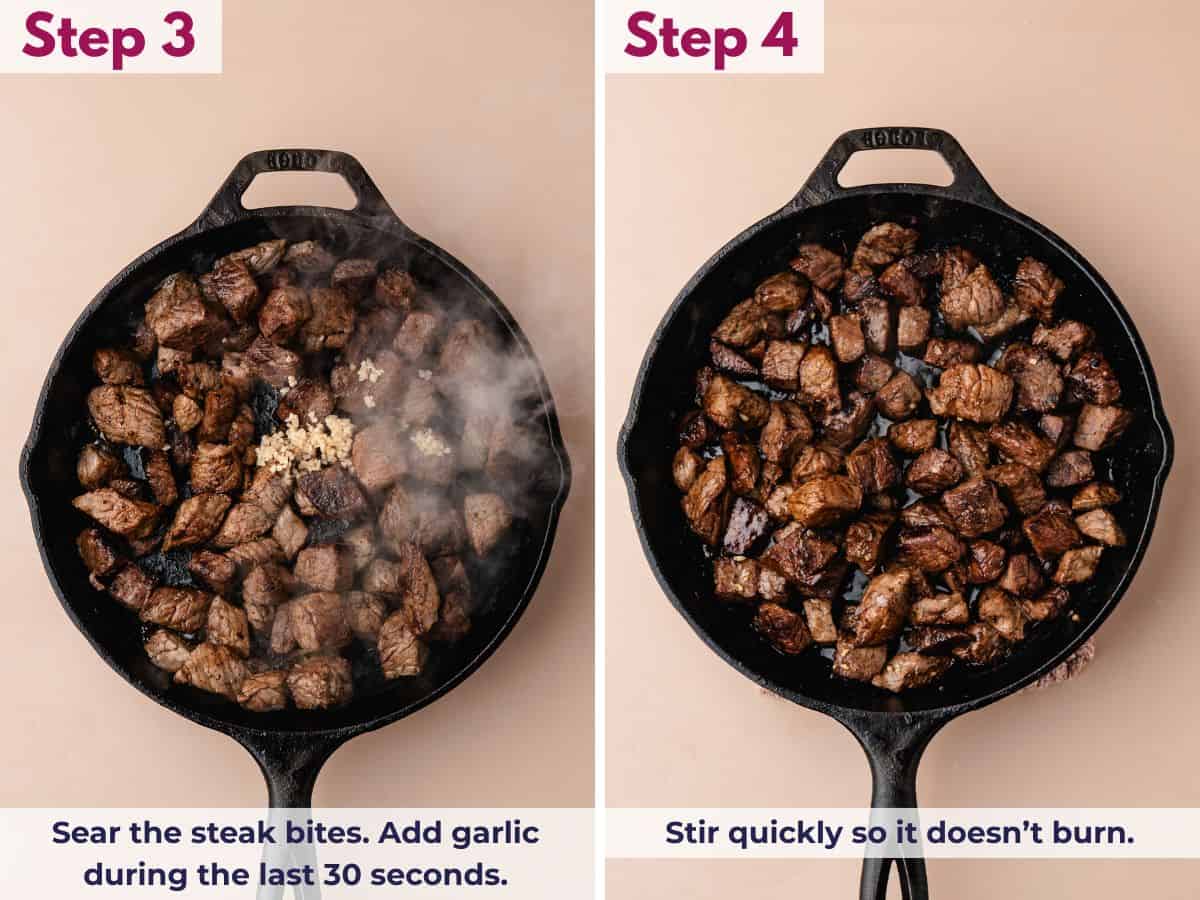 Steak bites searing in a skillet, browned on the outside and tender inside, with garlic added at the end for flavor