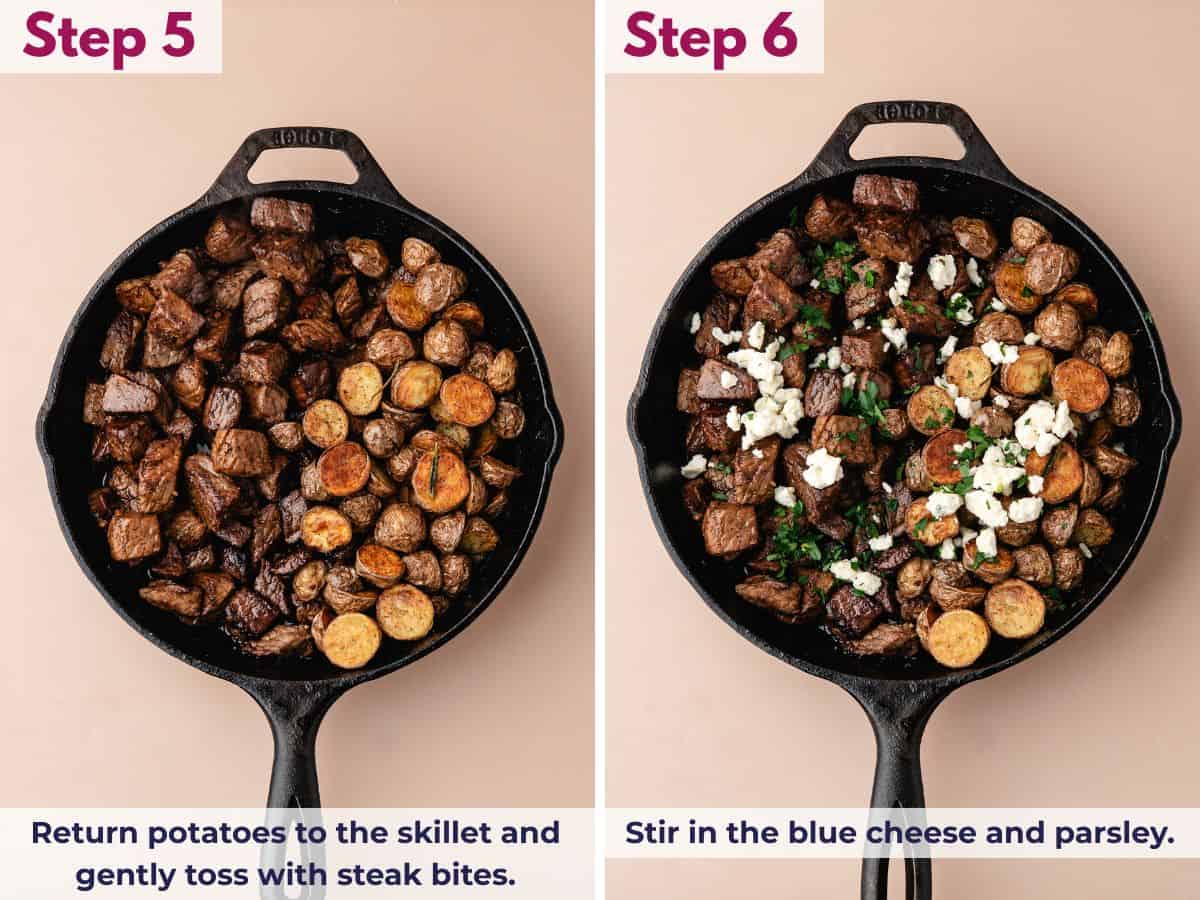 Cooked steak bites and golden potatoes tossed together in a skillet, topped with crumbled blue cheese and fresh parsley