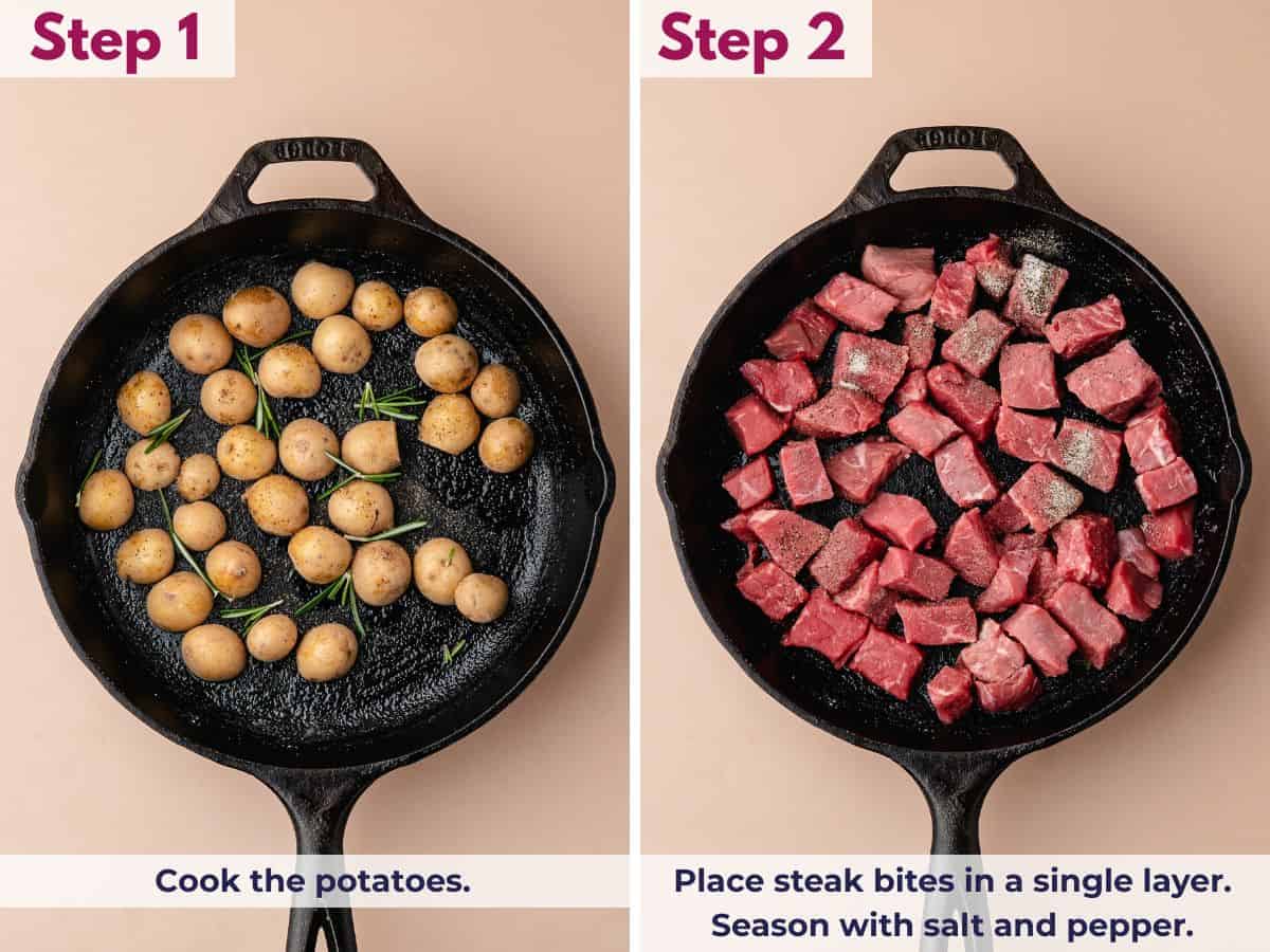 Halved potatoes cooking in a cast-iron skillet with oil, butter, rosemary, salt, and pepper until golden and tender, followed by seasoned steak bites being seared in the same skillet until browned and juicy