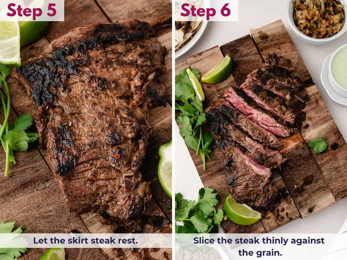 Resting cooked skirt steak for 5–10 minutes before slicing thinly against the grain for tender tacos