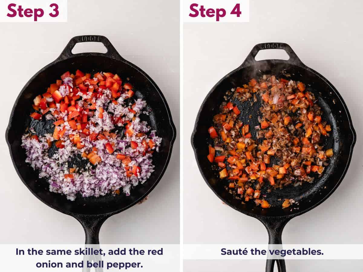 Red onion and bell pepper saut&eacute;ing in a cast-iron skillet, slightly softened while retaining bright colors