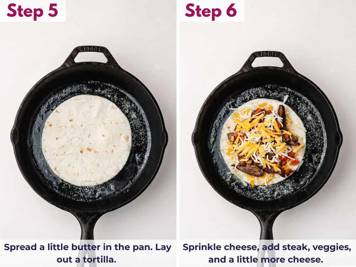 Tortilla in a skillet being layered with cheese, cooked steak, saut&eacute;ed vegetables, and more cheese to build a quesadilla