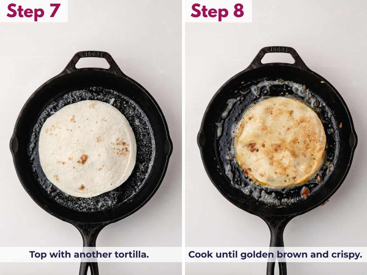 Quesadilla cooking in a skillet, topped with a second tortilla, turning golden brown and crispy on both sides