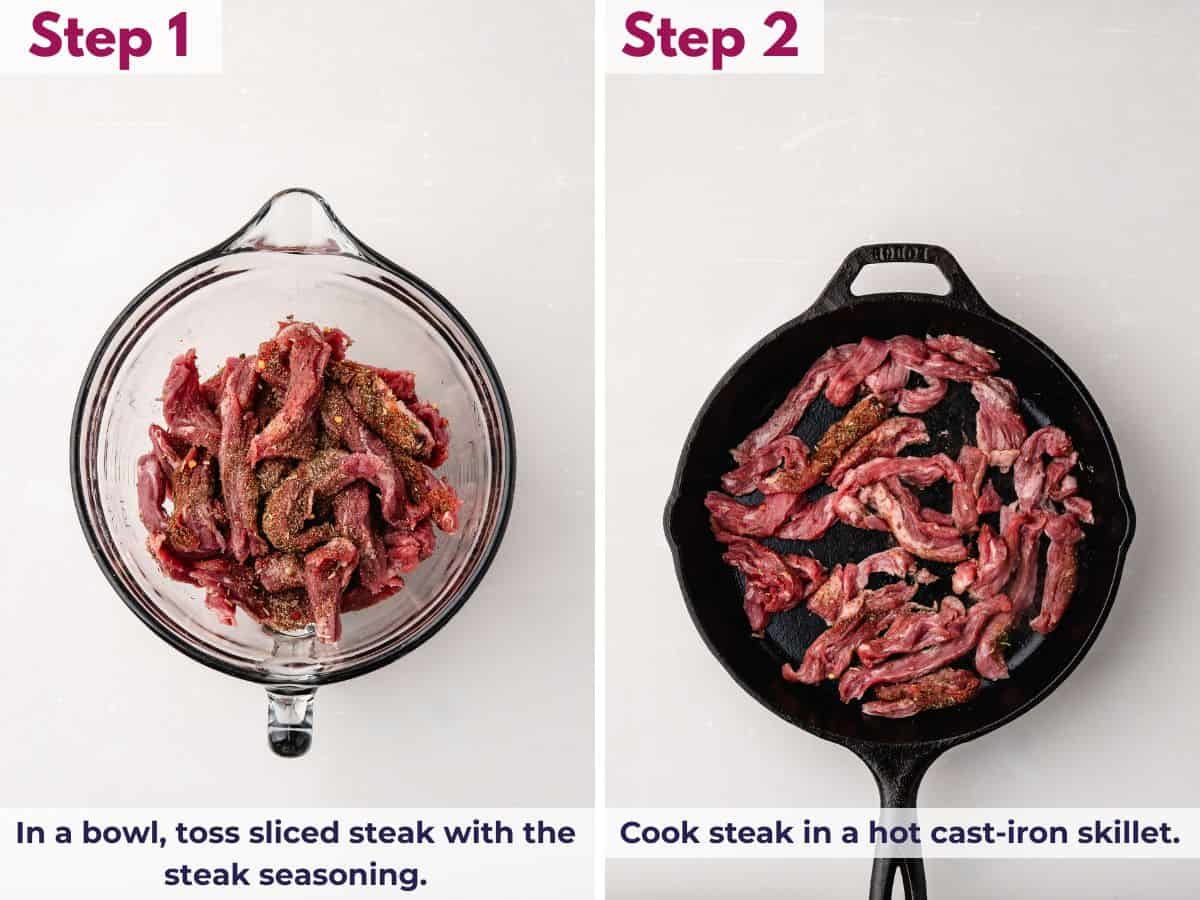 Sliced steak tossed in seasoning and cooking in a hot cast-iron skillet, browning on each side until just cooked through