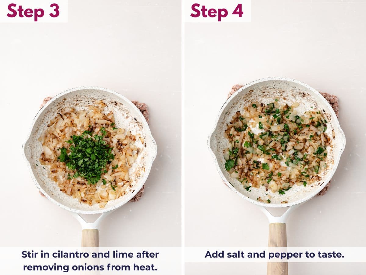 Stirring fresh cilantro and a squeeze of lime into sautéed onions after removing from heat