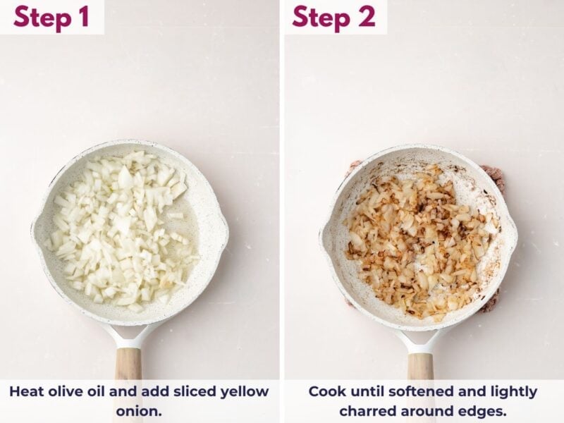 Sautéing sliced yellow onions in olive oil over medium-high heat until softened and lightly charred