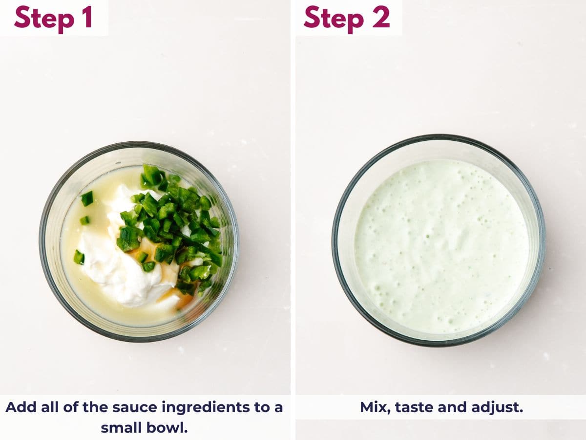 Small bowl with creamy jalape&ntilde;o honey sauce being stirred, made with sour cream, honey, lime juice, and jalape&ntilde;o