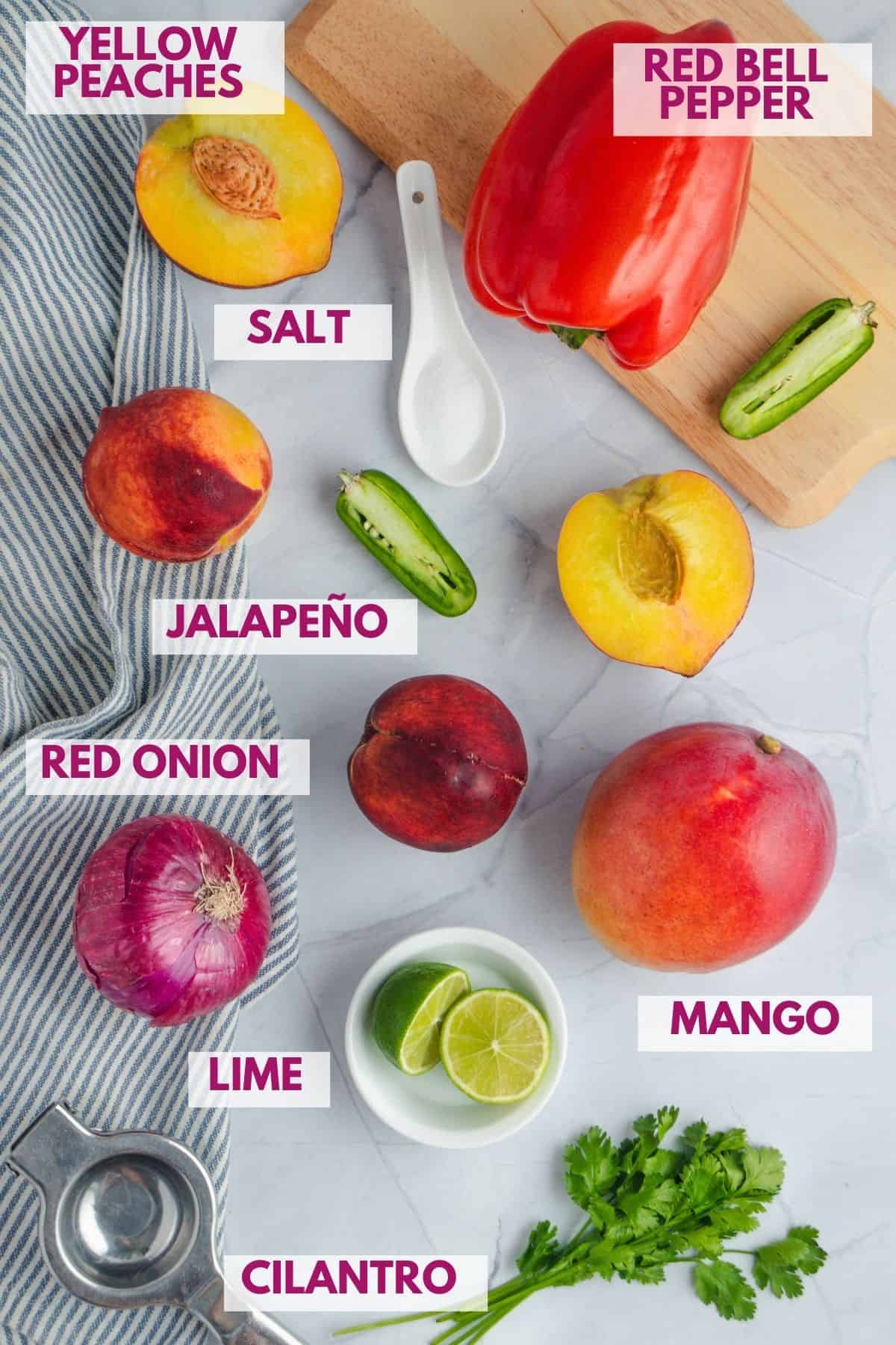 fresh ingredients to make mango and peach salsa