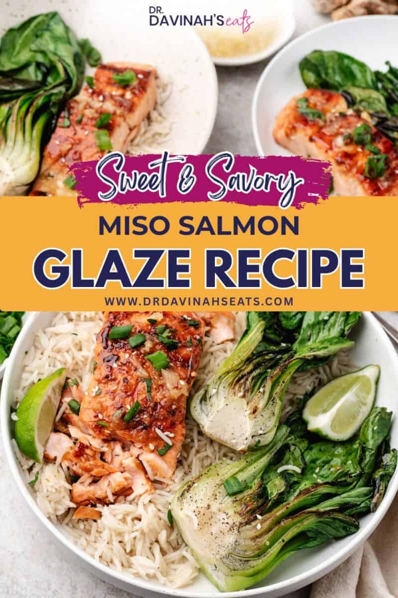 Glazed miso salmon with caramelized edges served alongside steamed rice and sautéed bok choy