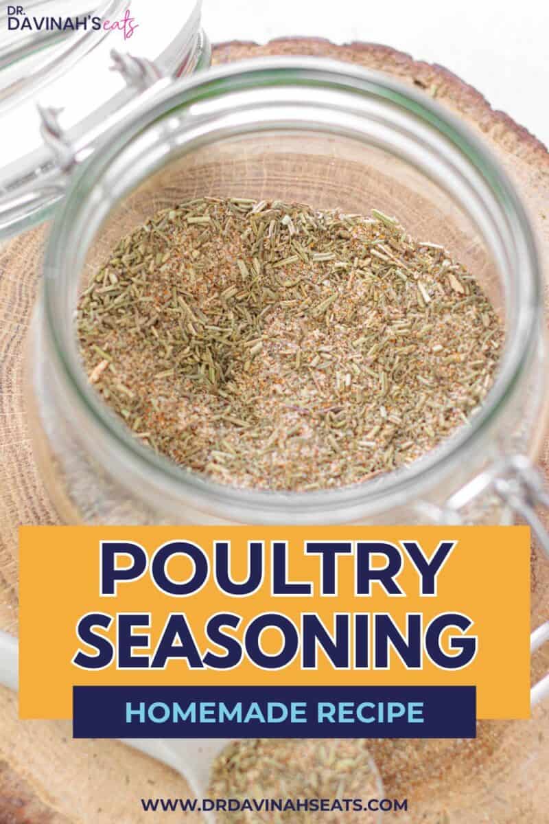 Dry poultry seasoning blend in a mason jar on wooden surface