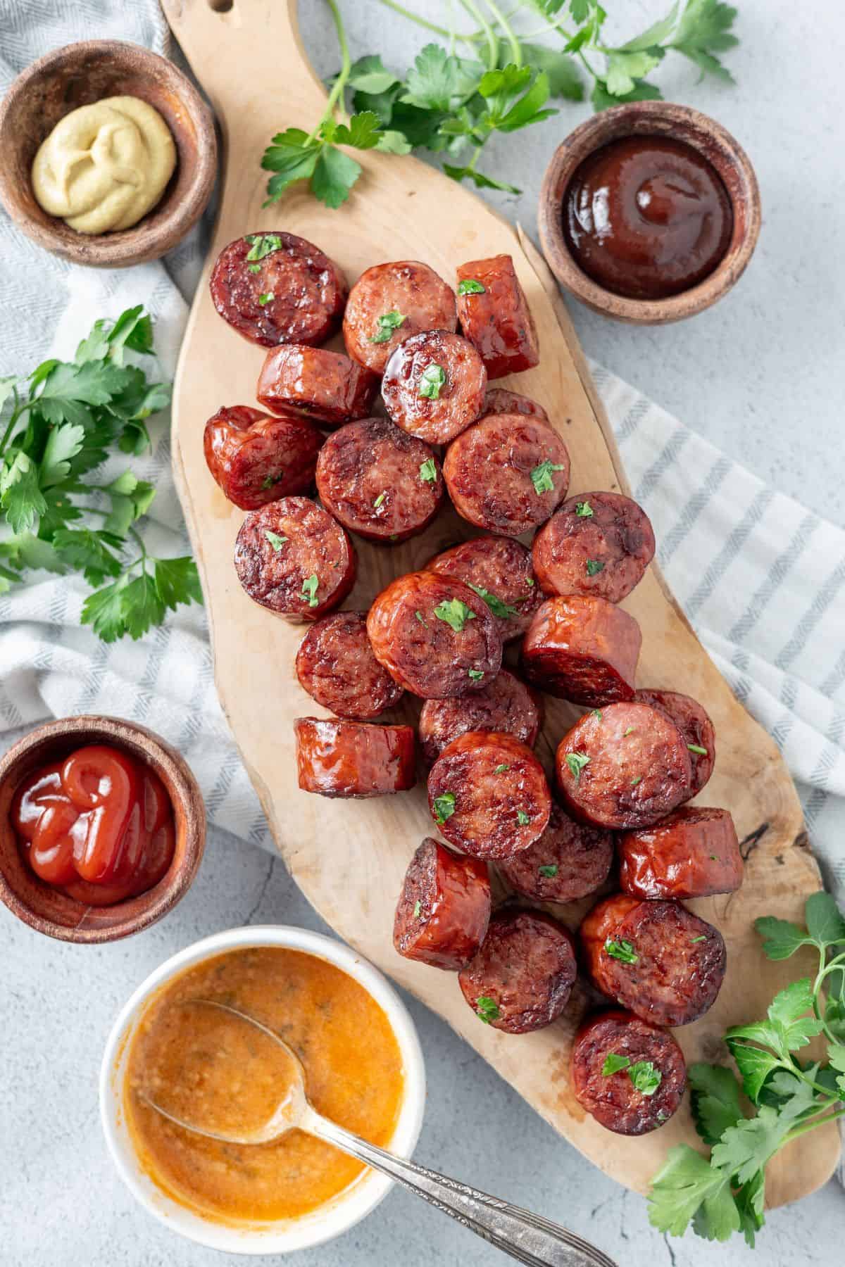 Caramelized smoked sausage rounds cooked in air fryer