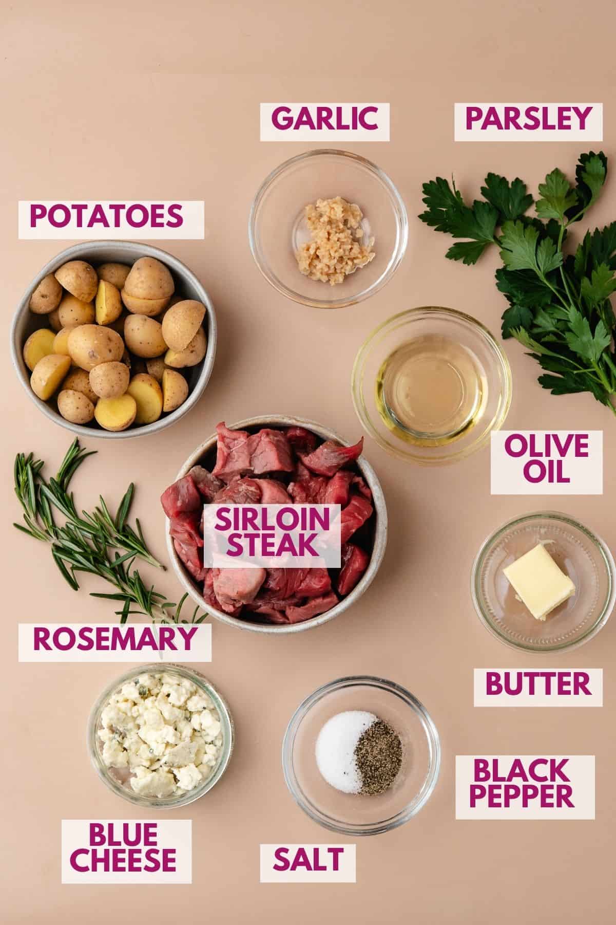ingredients to make steak bites and potatoes