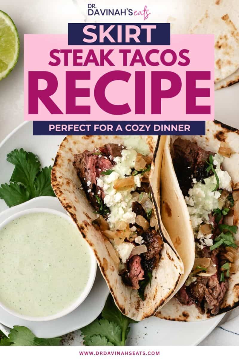 Sliced marinated steak in soft tortillas with avocado cream and vibrant taco toppings