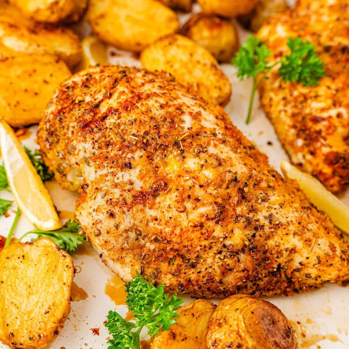 Easy sheet pan chicken dinner with tender potatoes and savory pan juices