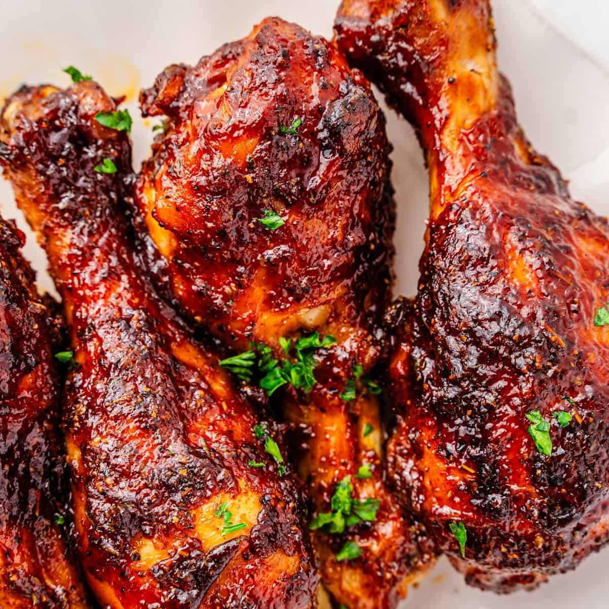Oven baked drumsticks with smoky barbecue seasoning and sauce