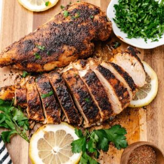 Sliced skillet blackened chicken ready for salads, bowls, or wraps
