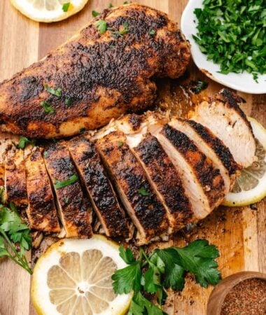 Sliced skillet blackened chicken ready for salads, bowls, or wraps