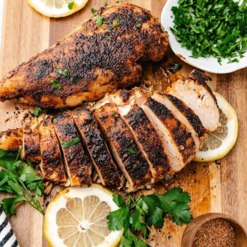 Sliced skillet blackened chicken ready for salads, bowls, or wraps