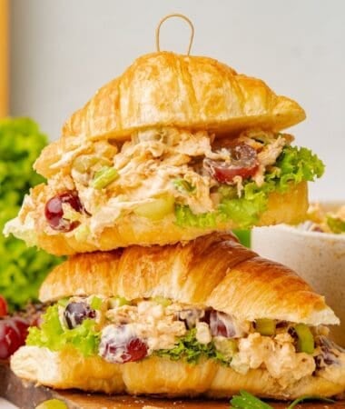 Easy make-ahead chicken salad with grapes served in a croissant