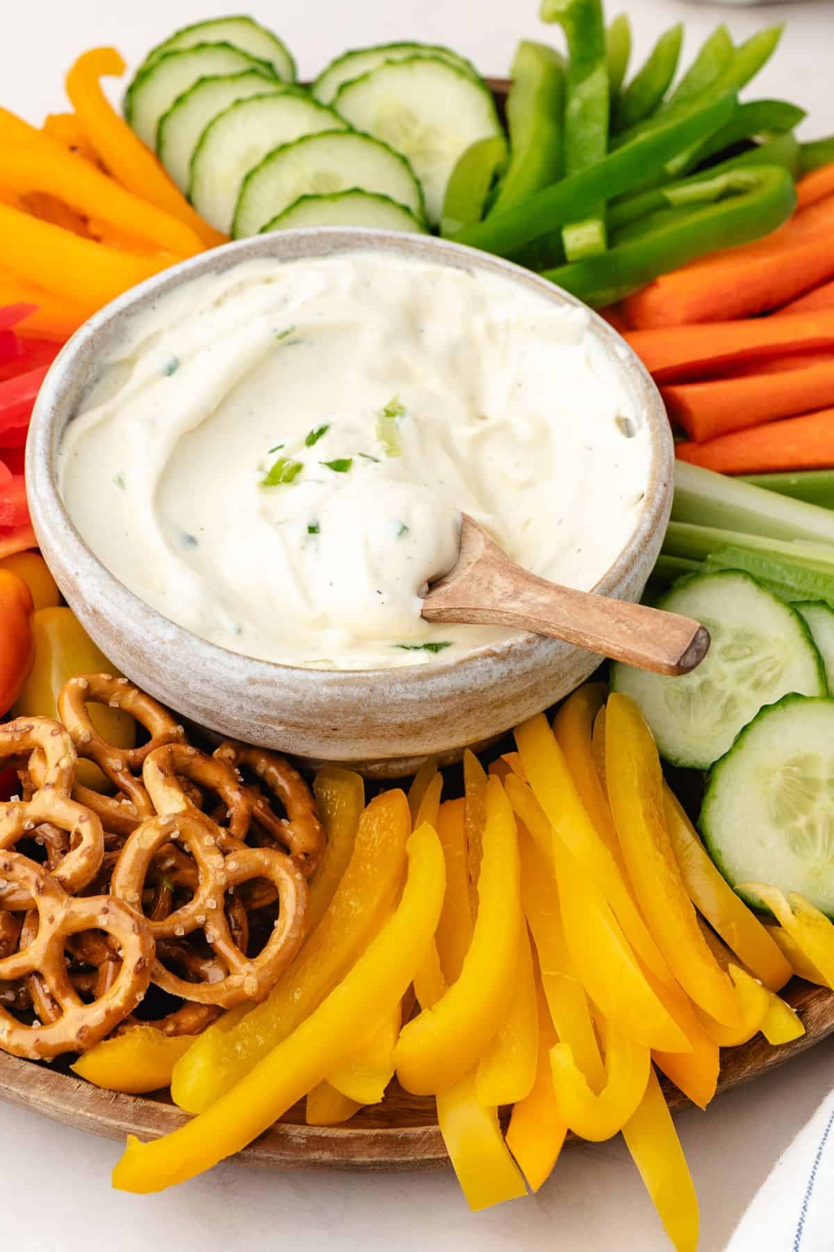 Cottage cheese ranch dip served with carrots and cucumber slices