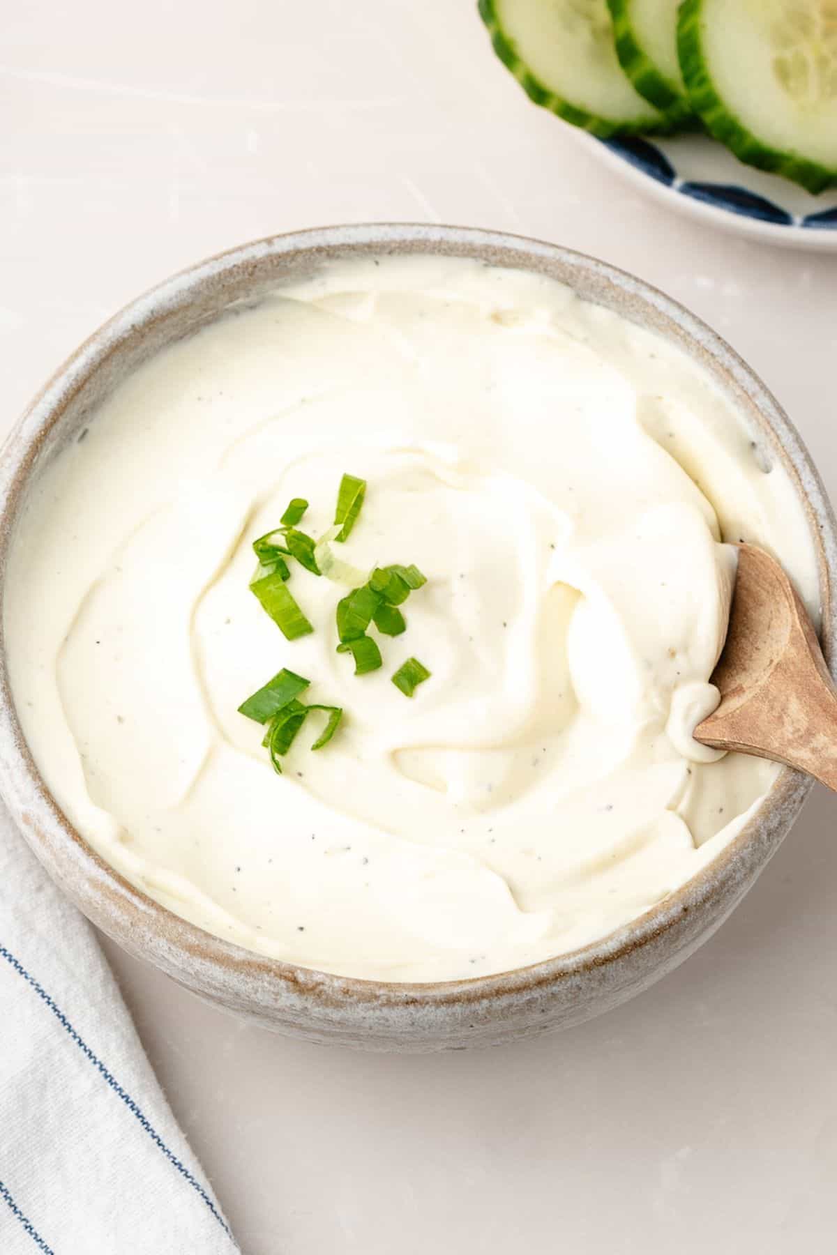 Homemade cottage cheese ranch dip with herbs and seasoning