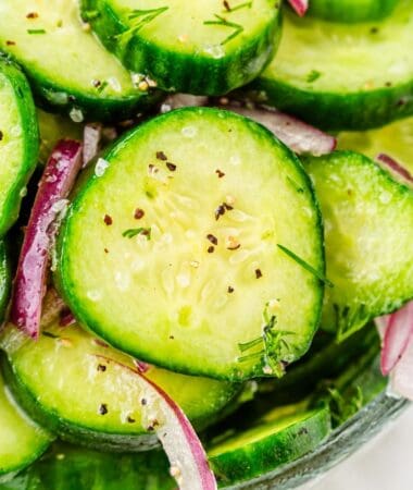 Quick cucumber onion salad with rice vinegar and a touch of sweetness