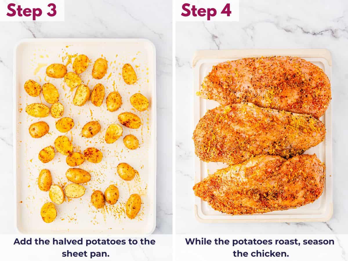 Arranging halved potatoes cut-side down on a sheet pan in an even layer to roast, while preparing to season the chicken