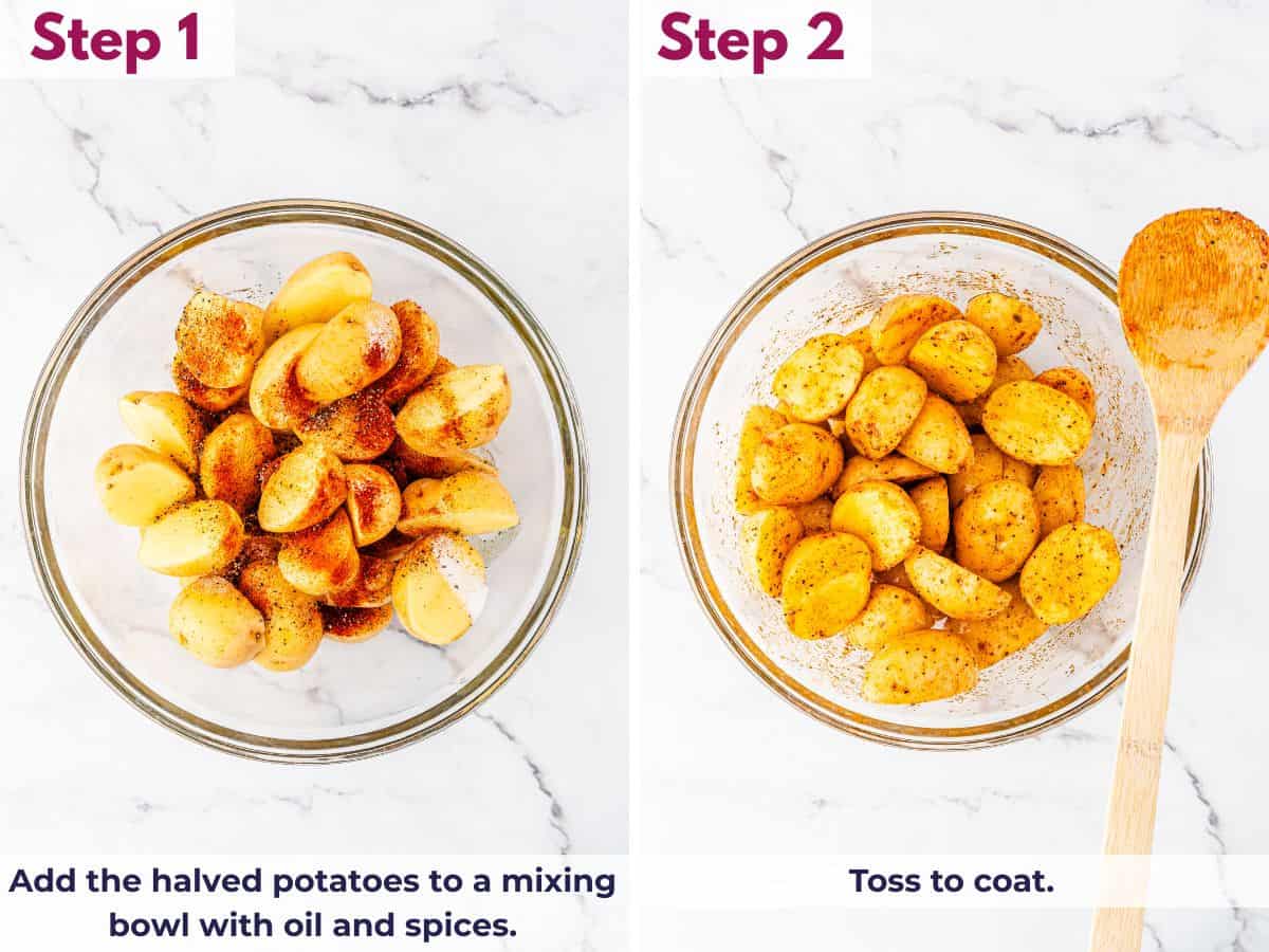 Tossing halved potatoes in a bowl with olive oil, salt, black pepper, and smoked paprika to evenly coat before roasting
