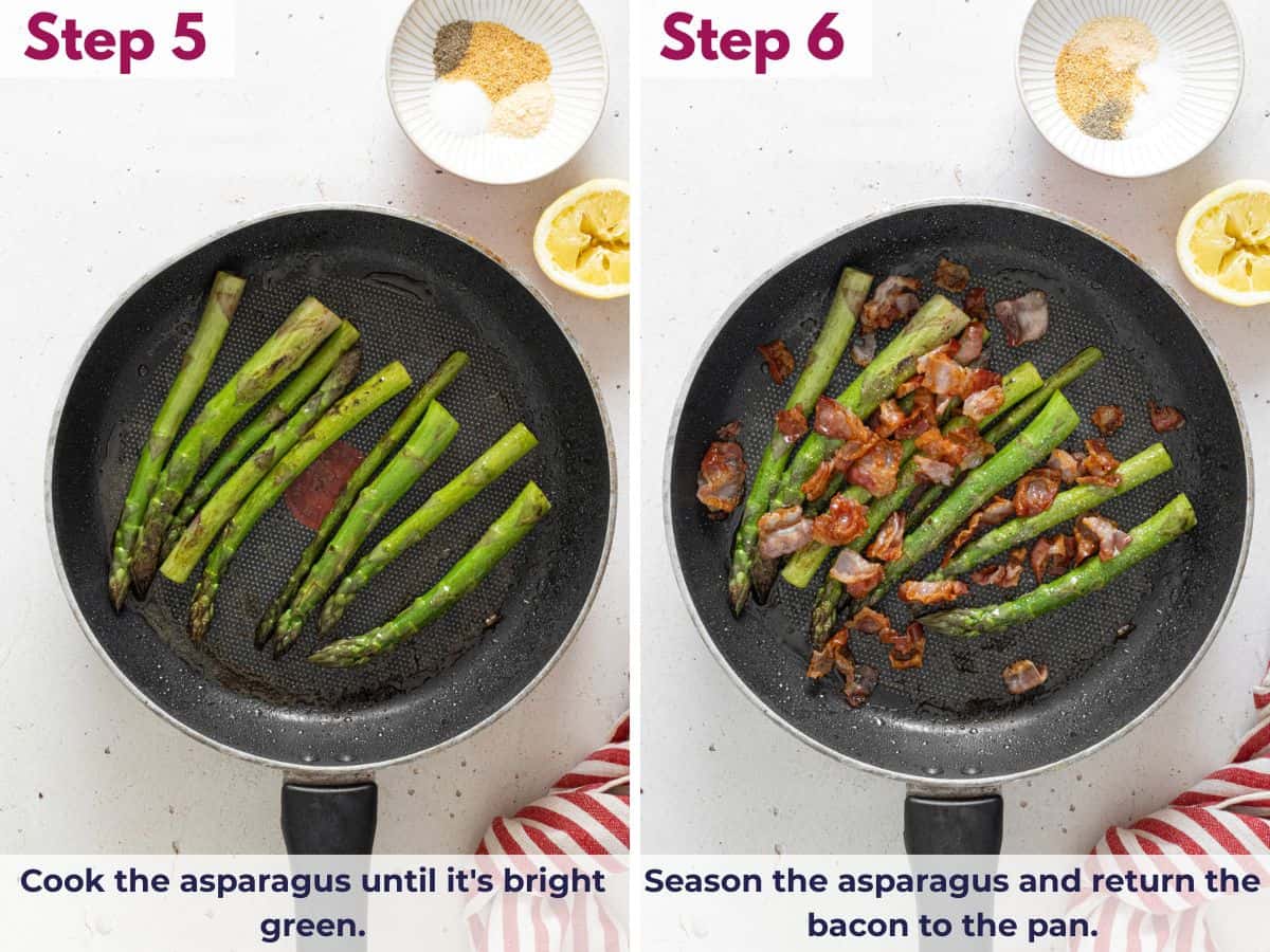 Saut&eacute;ing asparagus in the skillet until bright green, seasoning it, and returning the cooked bacon to the pan