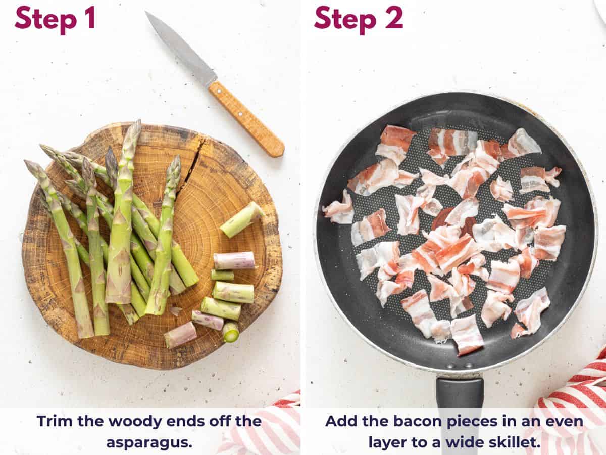 Trimming the woody ends from asparagus and arranging bacon pieces in an even layer in a wide skillet