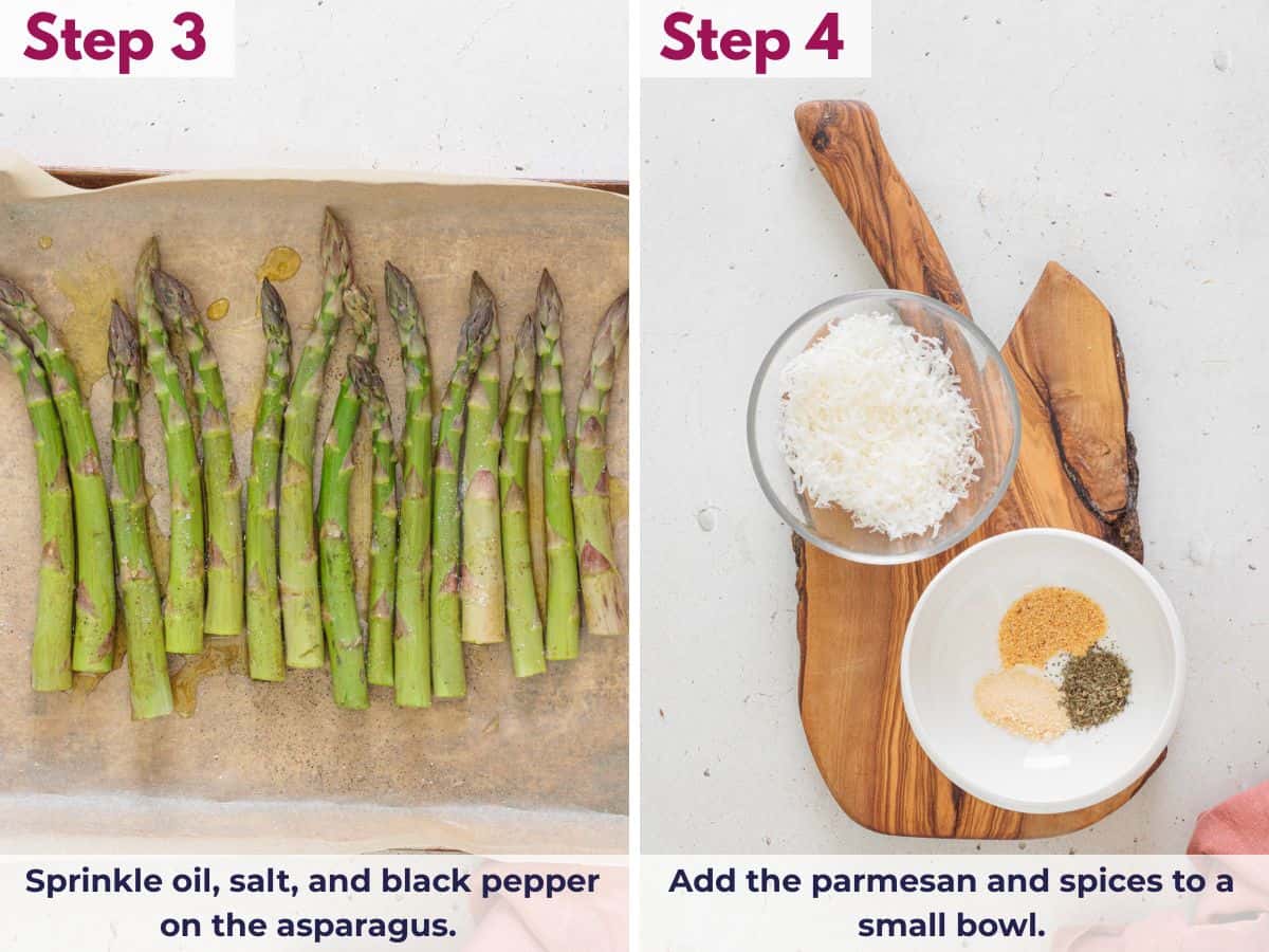 Seasoning asparagus with oil, salt, and black pepper, tossing to coat, baking, and mixing parmesan with spices in a small bowl