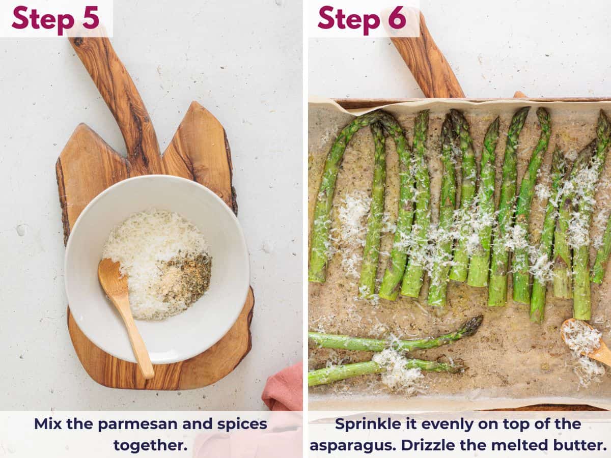 Mixing parmesan with spices, then sprinkling over asparagus and drizzling with melted butter before finishing in the oven